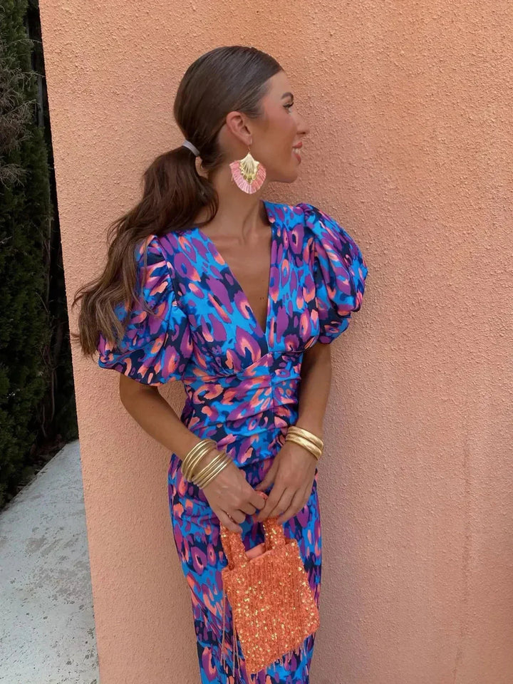 Arielle™ | Women's Colorful Midi Dress with Pleated Sleeves