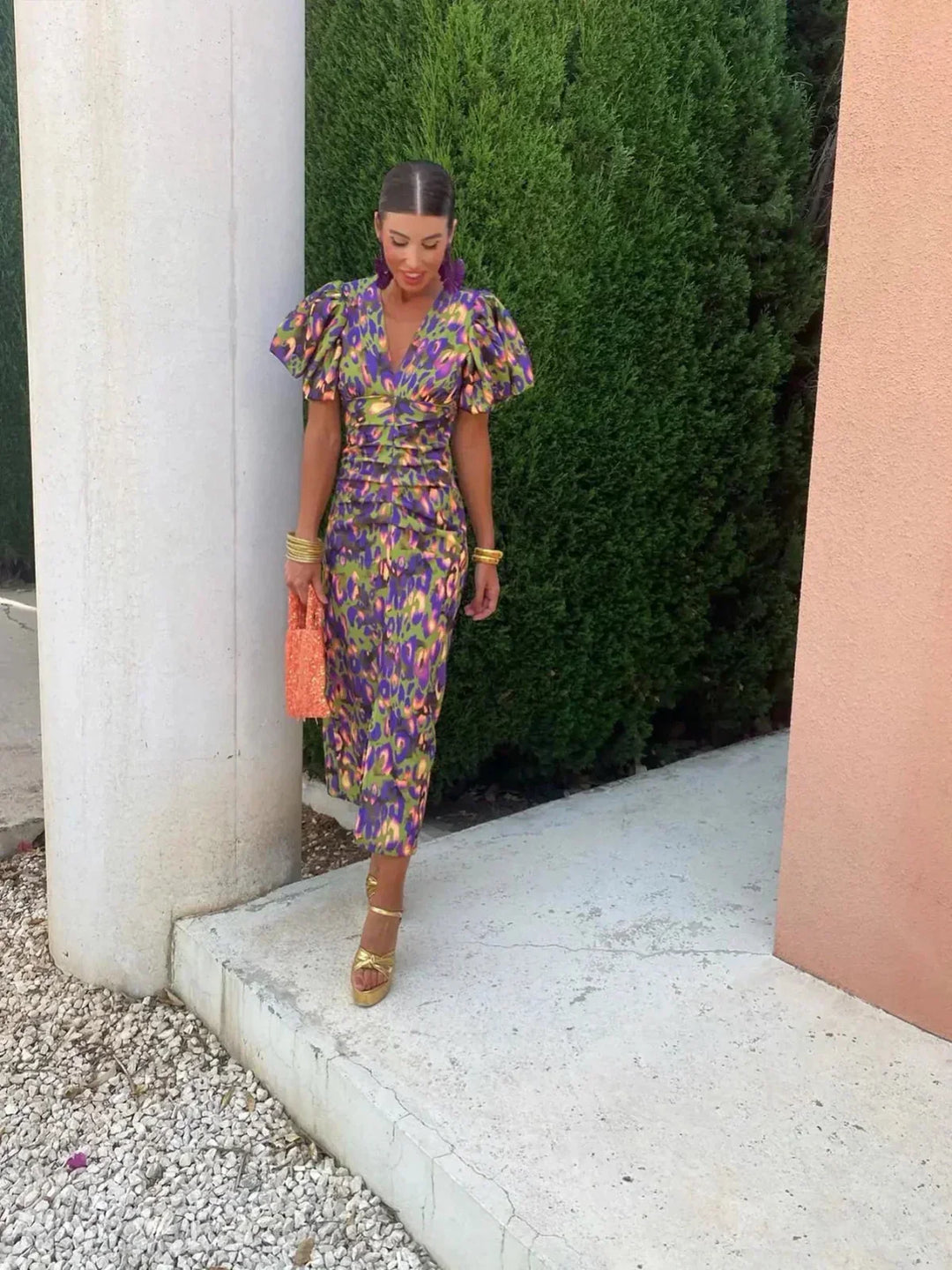 Arielle™ | Women's Colorful Midi Dress with Pleated Sleeves